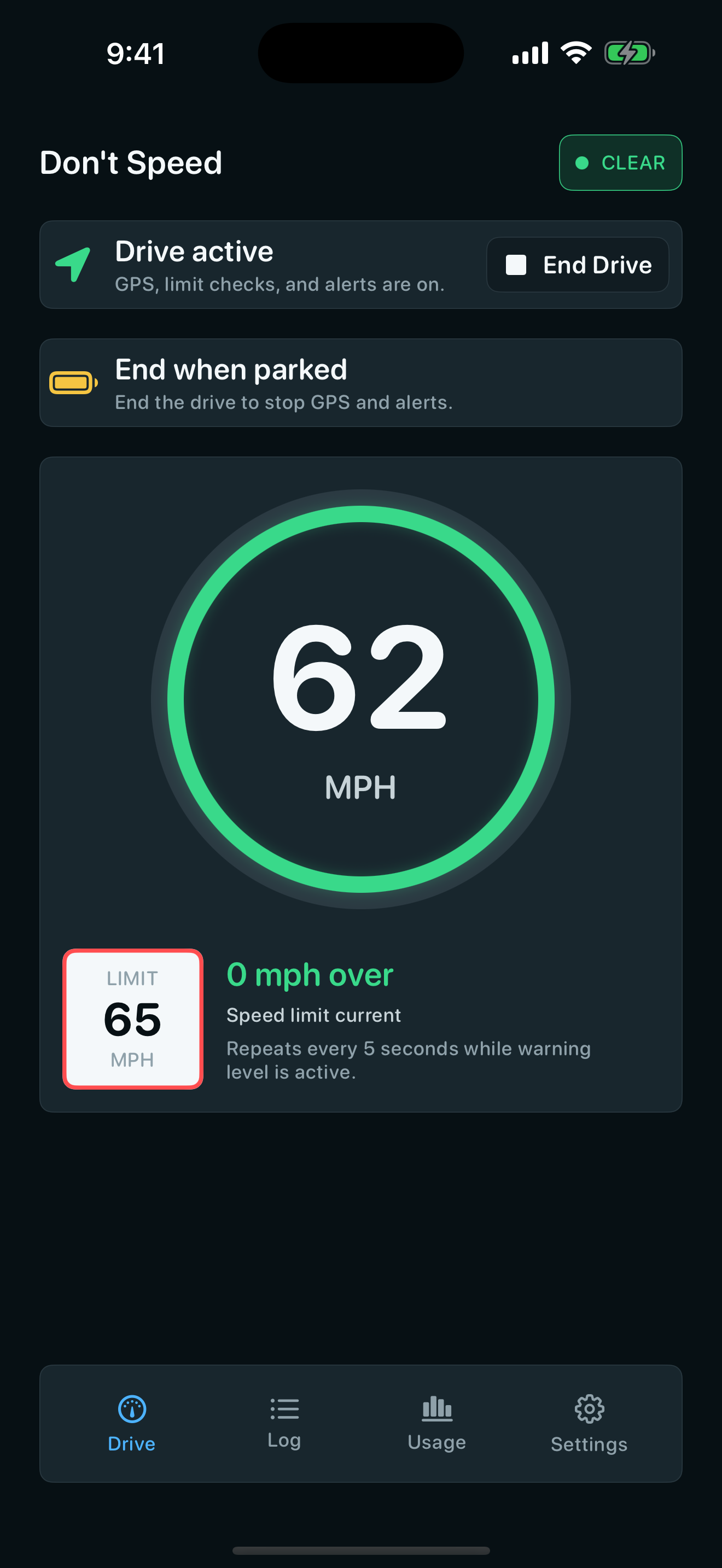 Don't Speed drive screen ready for active monitoring.