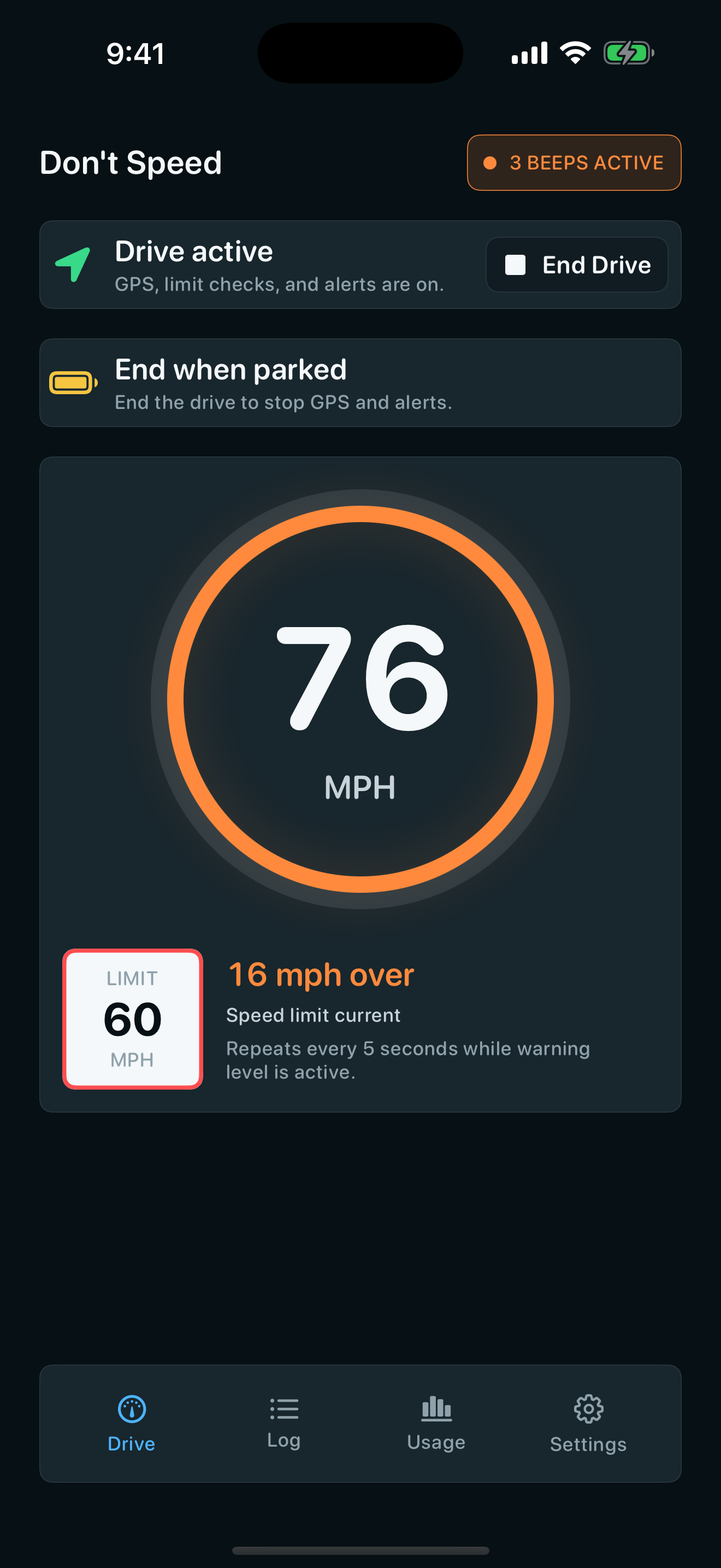 Don't Speed drive screen showing an overspeed warning state.