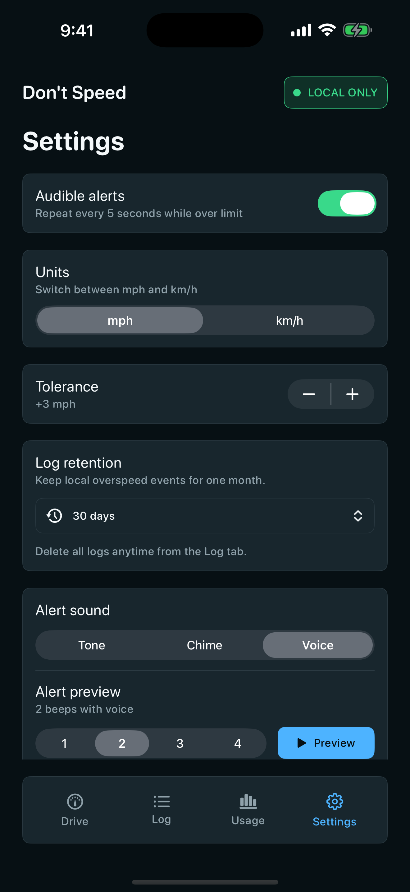 Settings screen with alert, unit, tolerance, preview, and retention controls.
