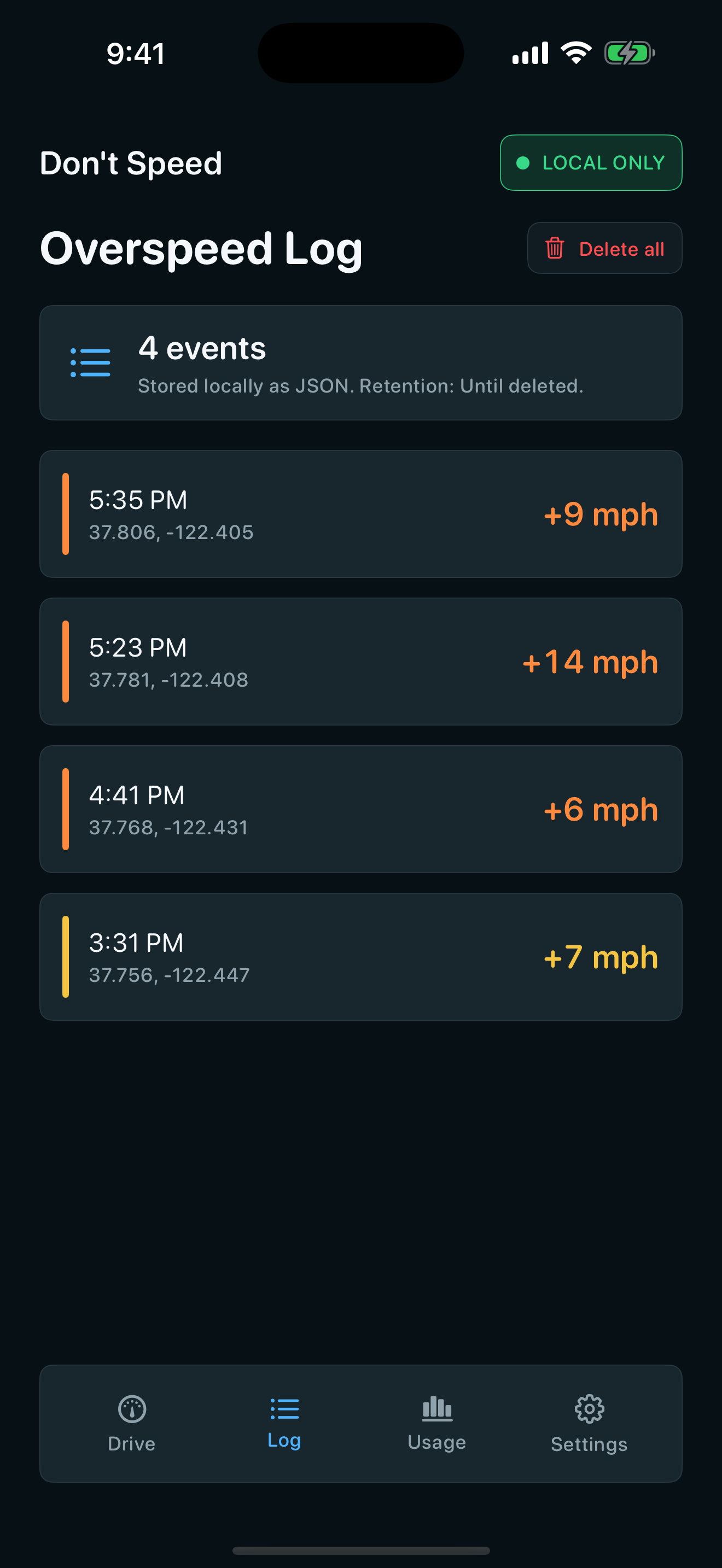 Local overspeed history screen.